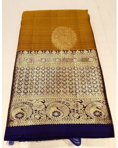 Pure Kanchipuram Silk Saree Body Mustard Colour and Border Dark Navy Blue
