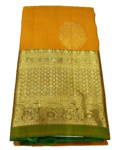 Pure Kanchipuram Silk Saree Body Light Mustard Border Green